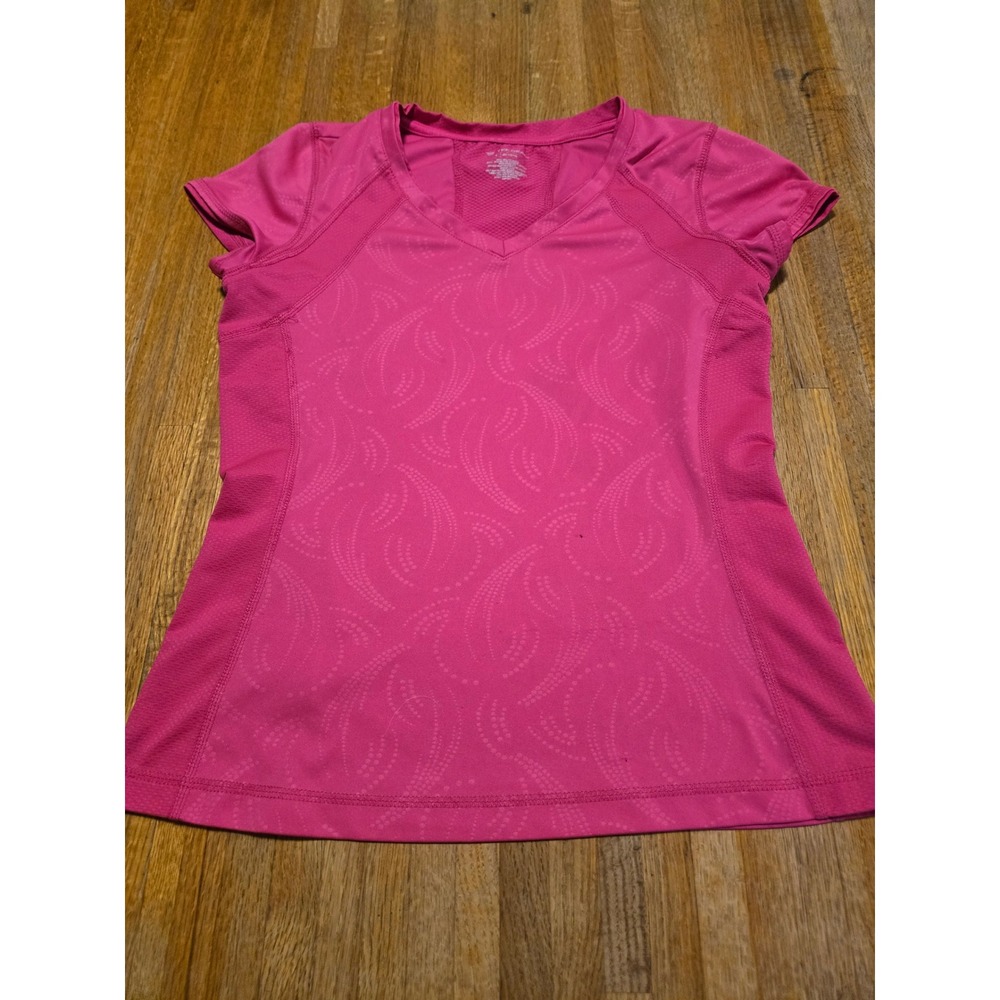Tek Gear Women Medium Neon Pink Paisley V-Neck Mesh Panels Activewear T-Shirt‎